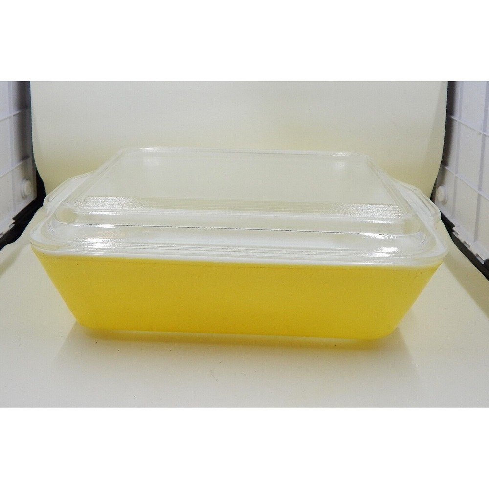 Pyrex Primary Yellow 503-B Refrigerator Dish 503-C Clear Ribbed Lid Handles